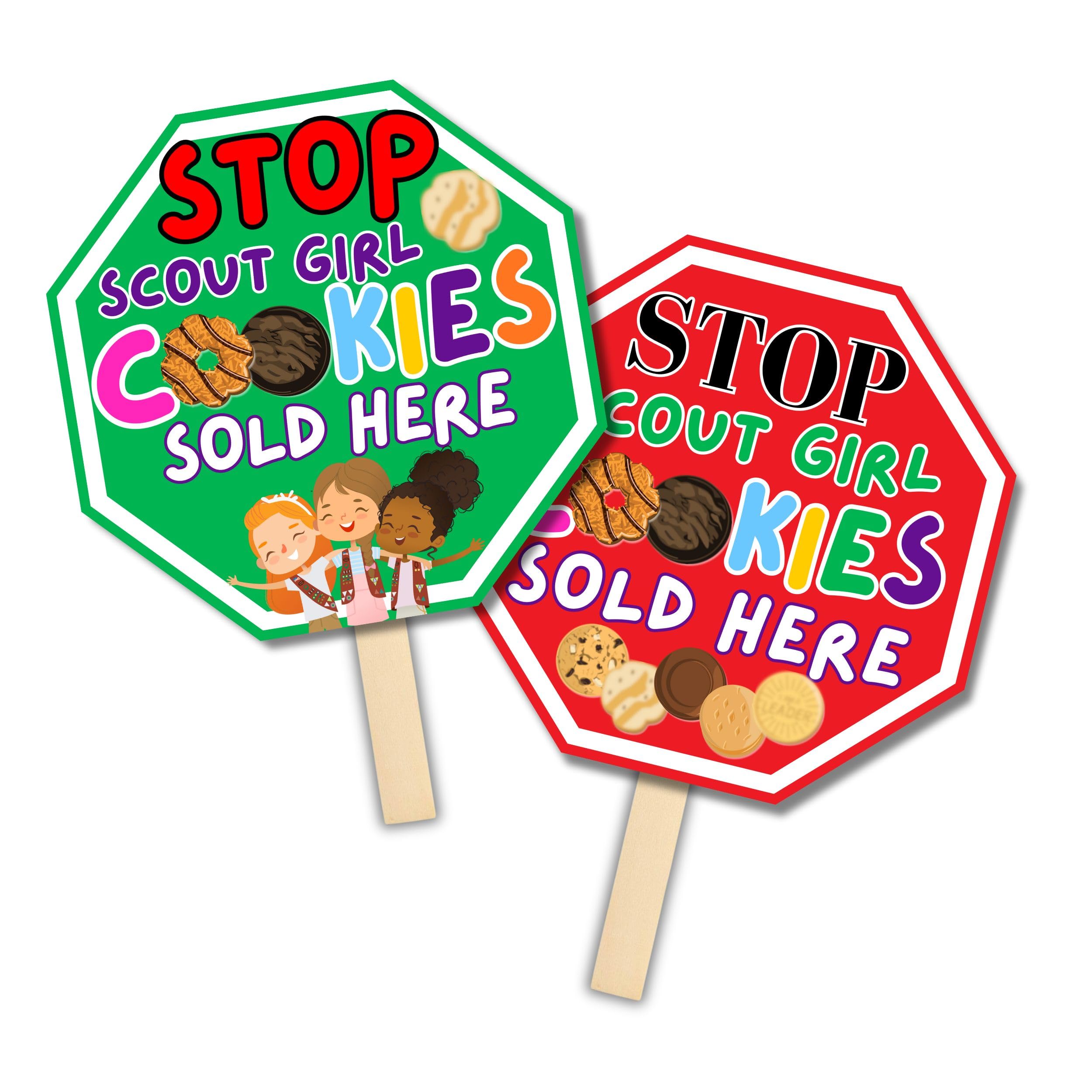 Lashicorn Stop Cookies Sold Here sign in red boosts booth visibility for cookie sales