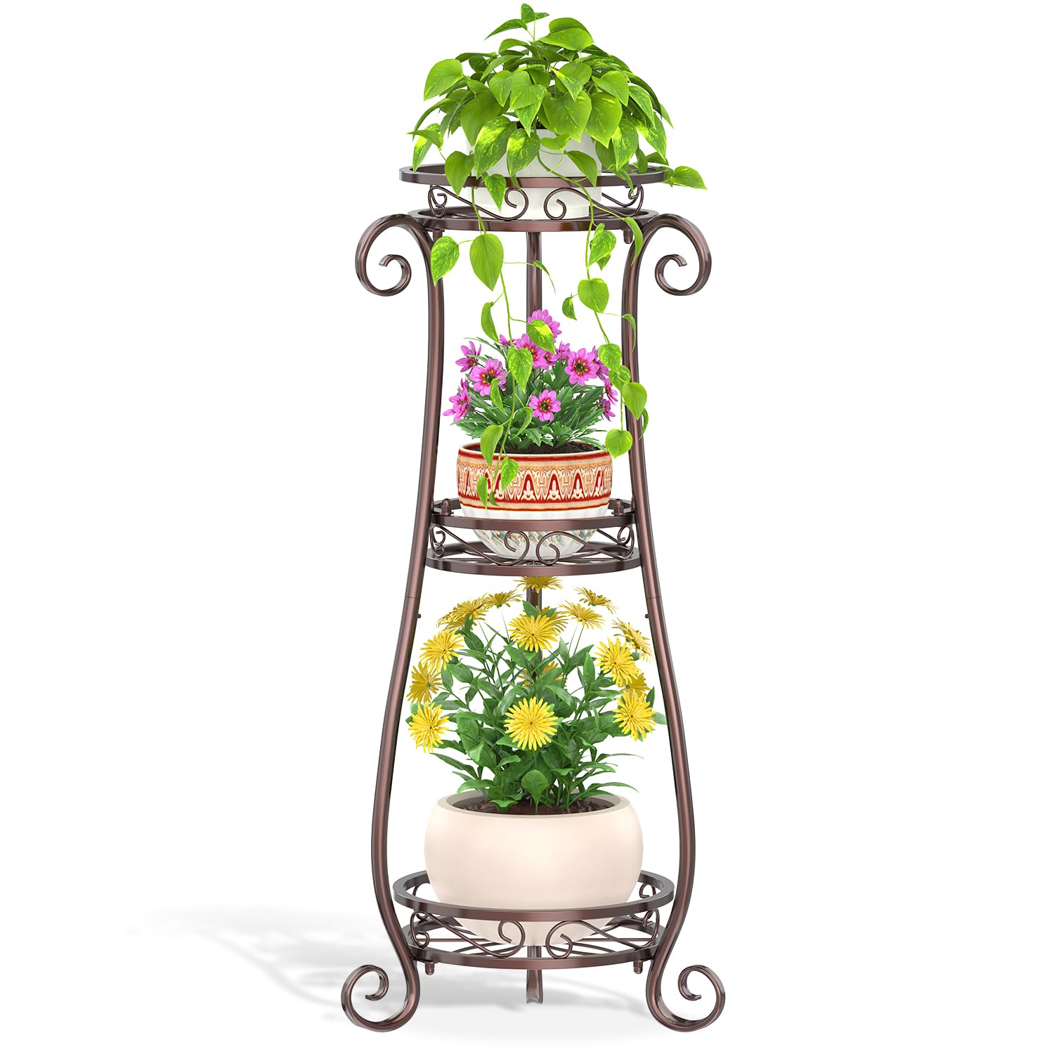 LASZOLA 3-tier bronze plant stand front view showing tall space-saving design for rooms.