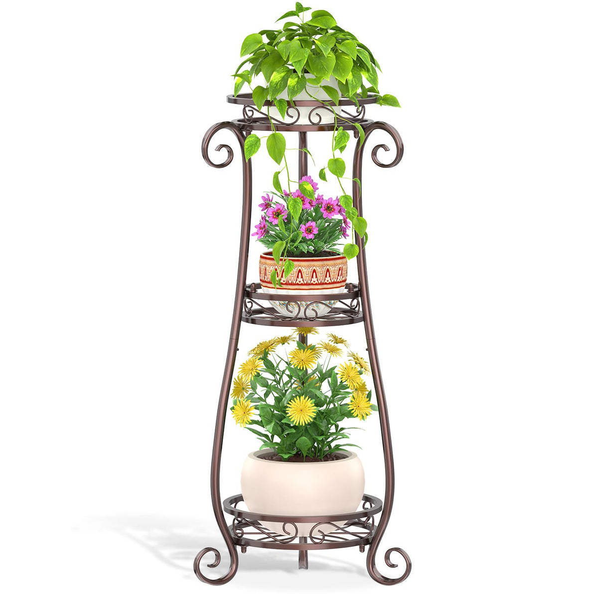 LASZOLA 3-tier bronze plant stand front view showing tall space-saving design for rooms.
