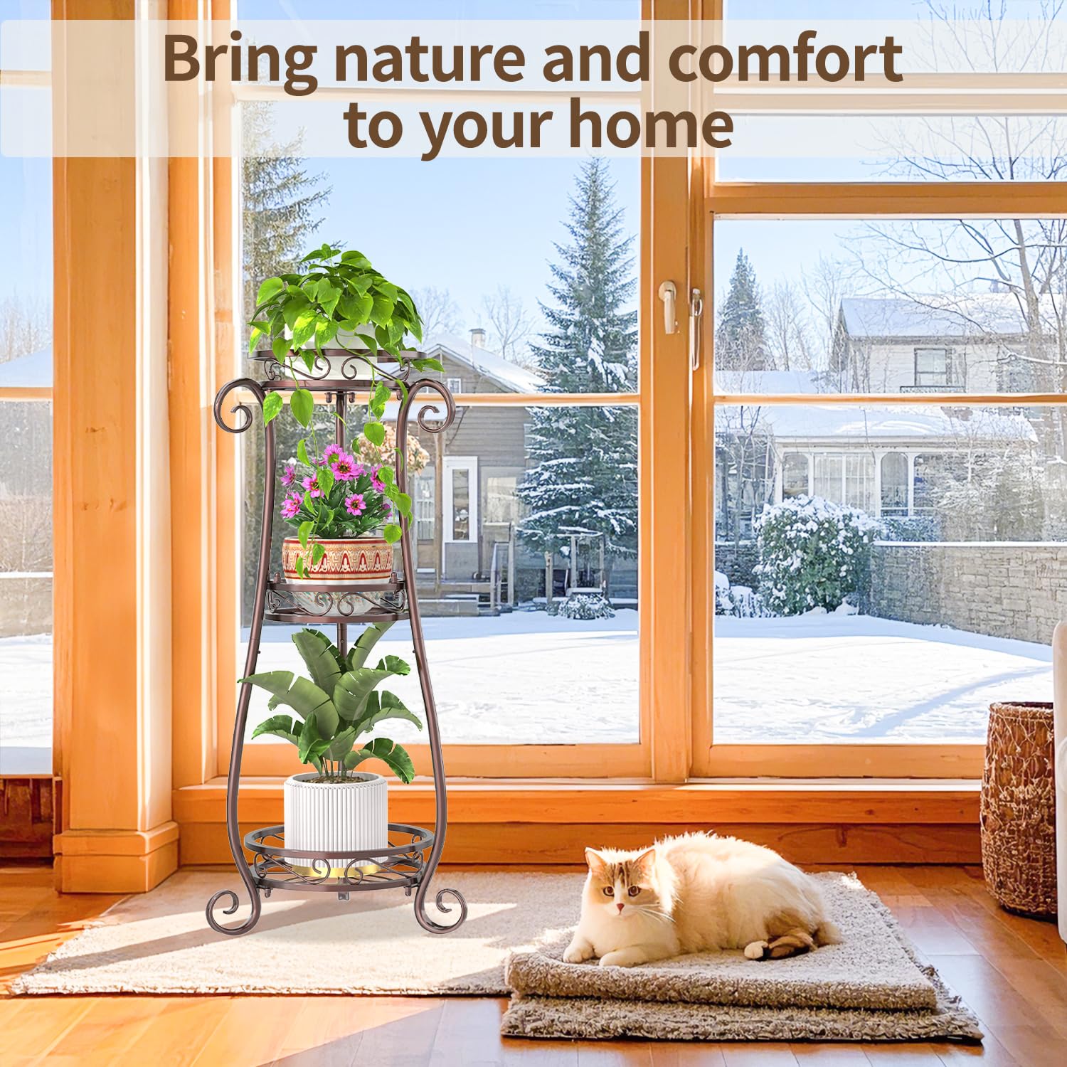 LASZOLA 3-tier bronze plant stand side view highlighting sturdy frame and stable silhouette.