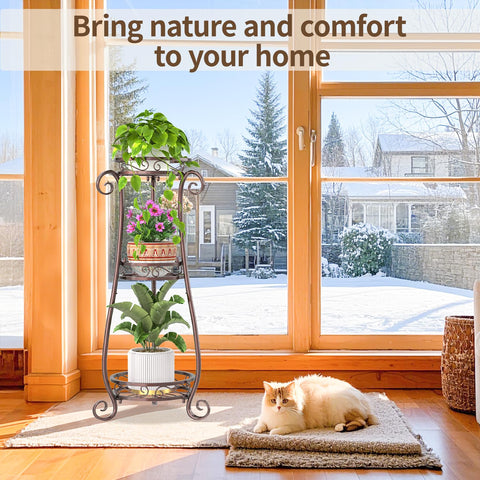 LASZOLA 3-tier bronze plant stand side view highlighting sturdy frame and stable silhouette.