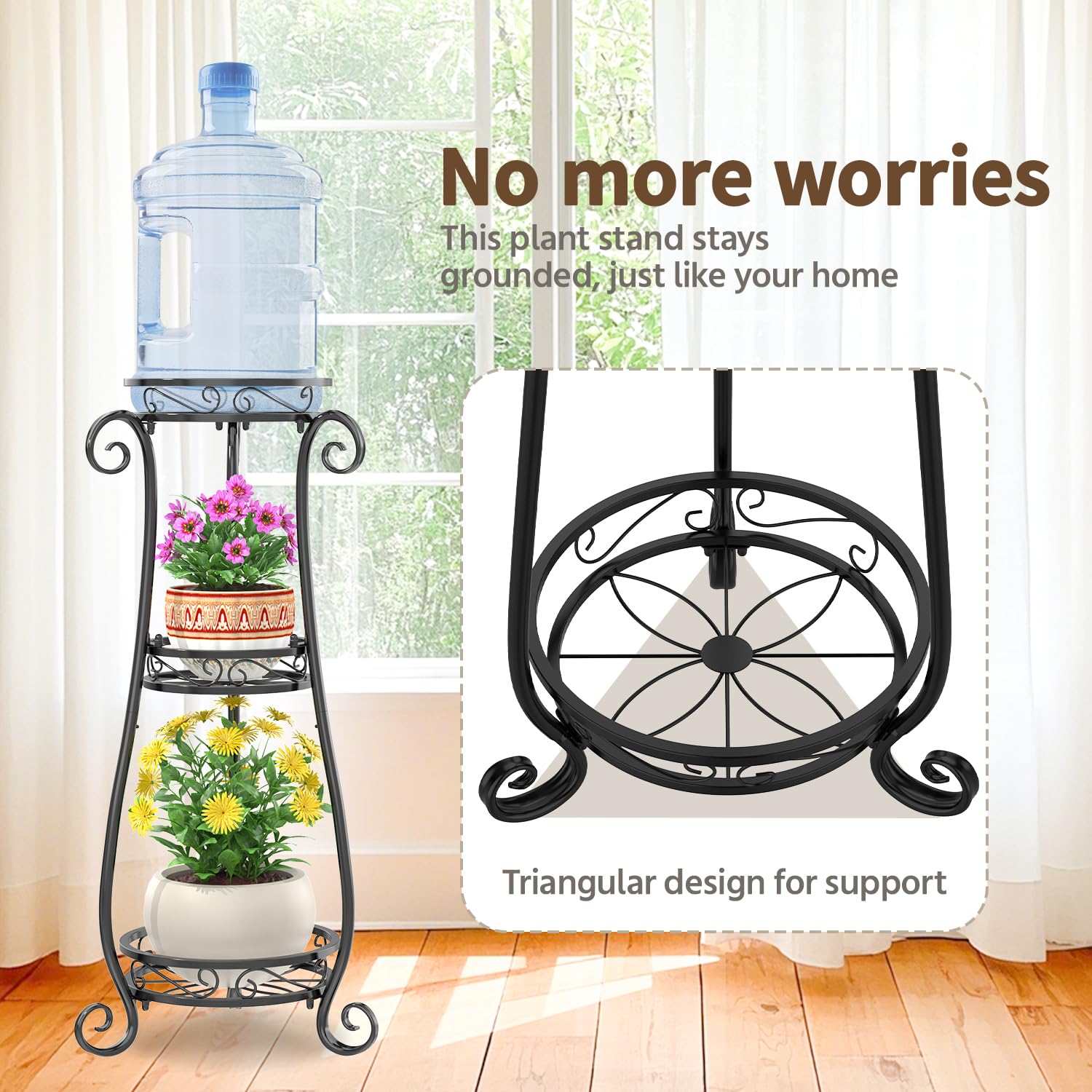 LASZOLA black iron stand highlights rust-proof durability for indoors and outdoors.