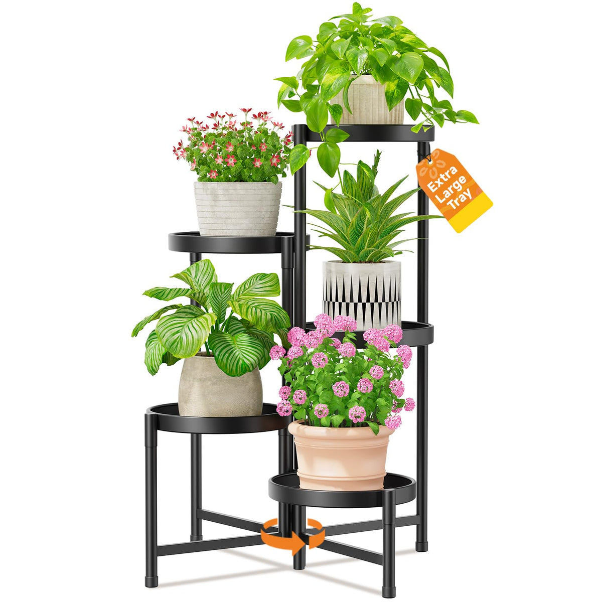LASZOLA 5 Tier Plant Stand with 10-inch trays, assembled for sturdy display of large pots.