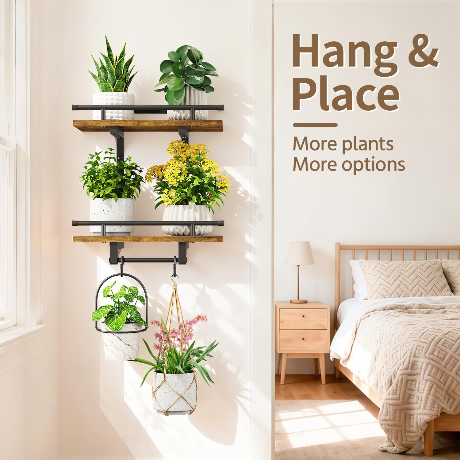 LASZOLA heavy-duty metal-wood frame supports tall, stable indoor planters.
