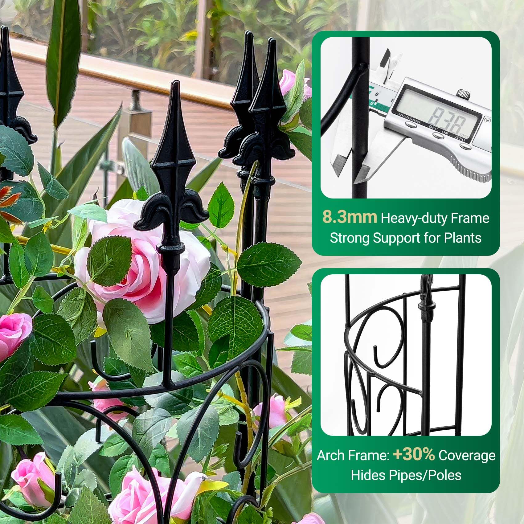LATIHUUM solid metal arches with powder coating resist weather and corrosion.
