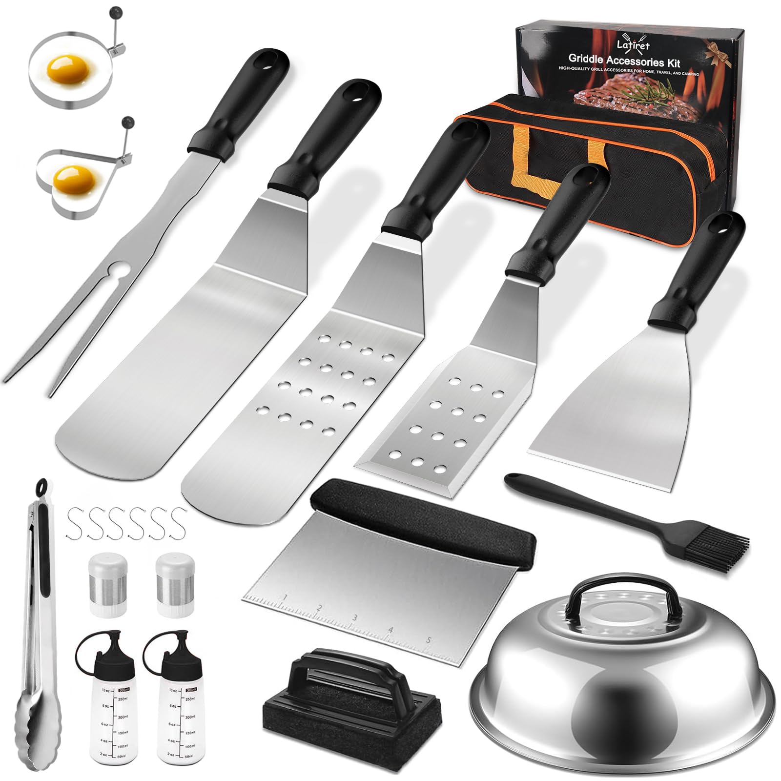 Latiret Blackstone griddle spatulas in use for flipping and tossing breakfast