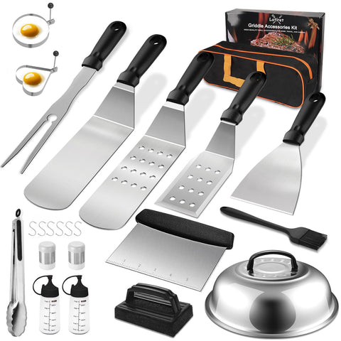 Latiret Blackstone griddle spatulas in use for flipping and tossing breakfast