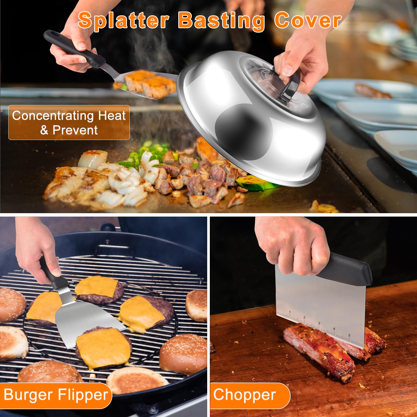 Latiret burger flipper for quick, even searing on flat tops.