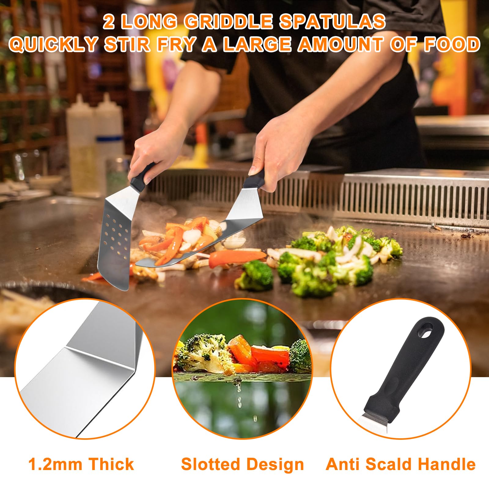 Latiret slotted griddle spatula with drainage holes for mess-free cooking.