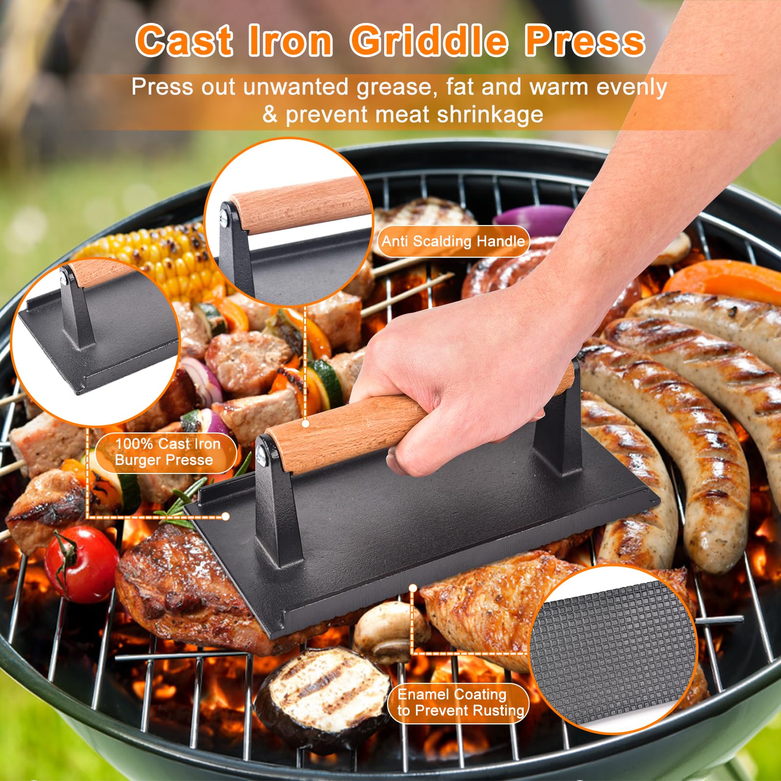 Latiret cast iron griddle press for even heat and reduced shrinkage.