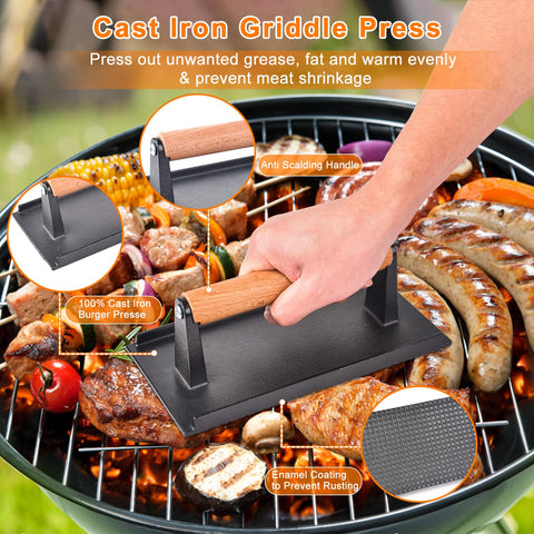 Latiret cast iron griddle press for even heat and reduced shrinkage.