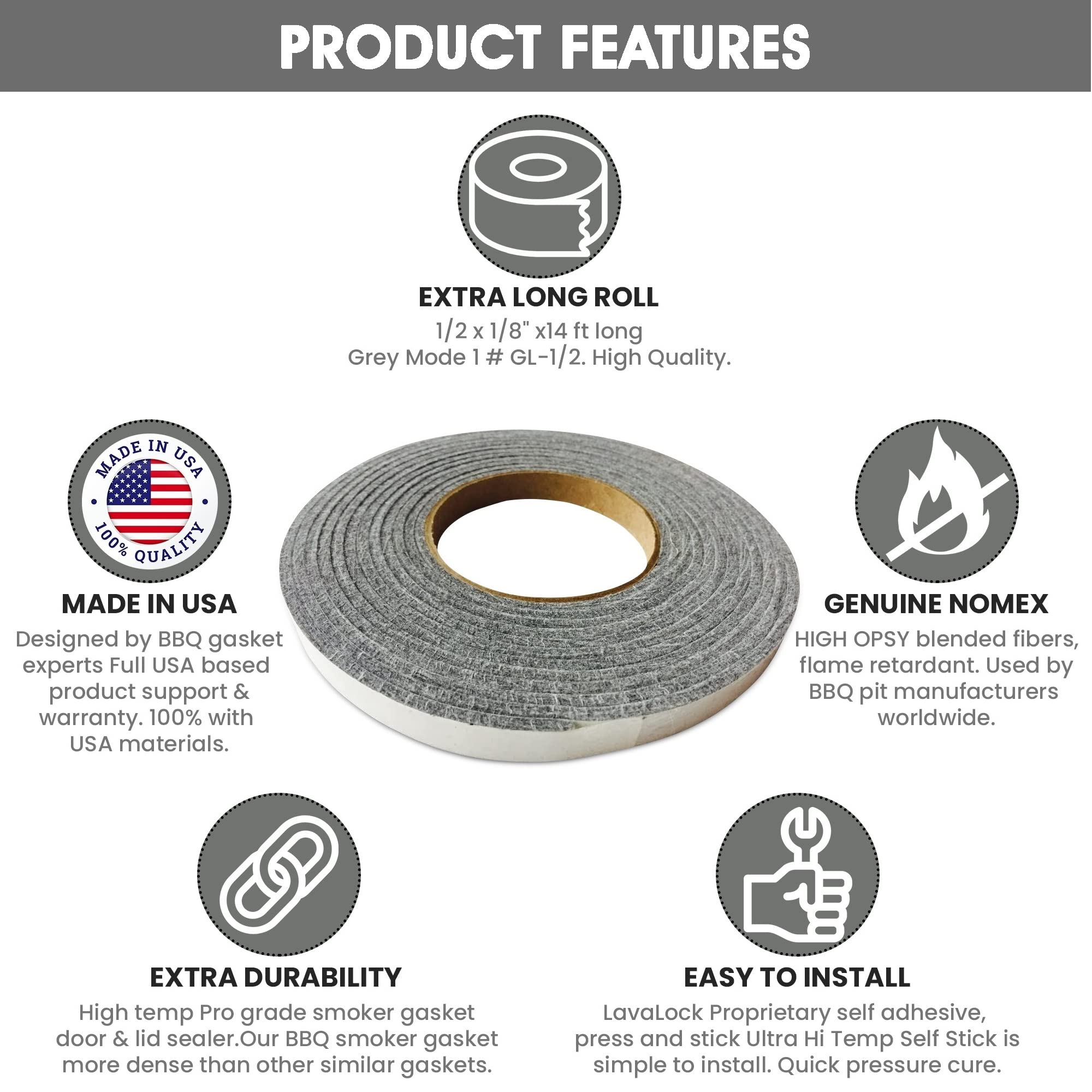 LavaLock gasket roll 15ft grey provides long-lasting coverage for wide smoker openings.