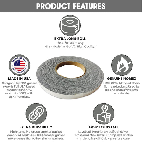 LavaLock gasket roll 15ft grey provides long-lasting coverage for wide smoker openings.
