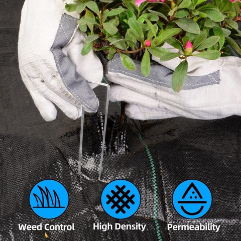 LAVEVE weed barrier with U-shaped pegs secures placement during setup