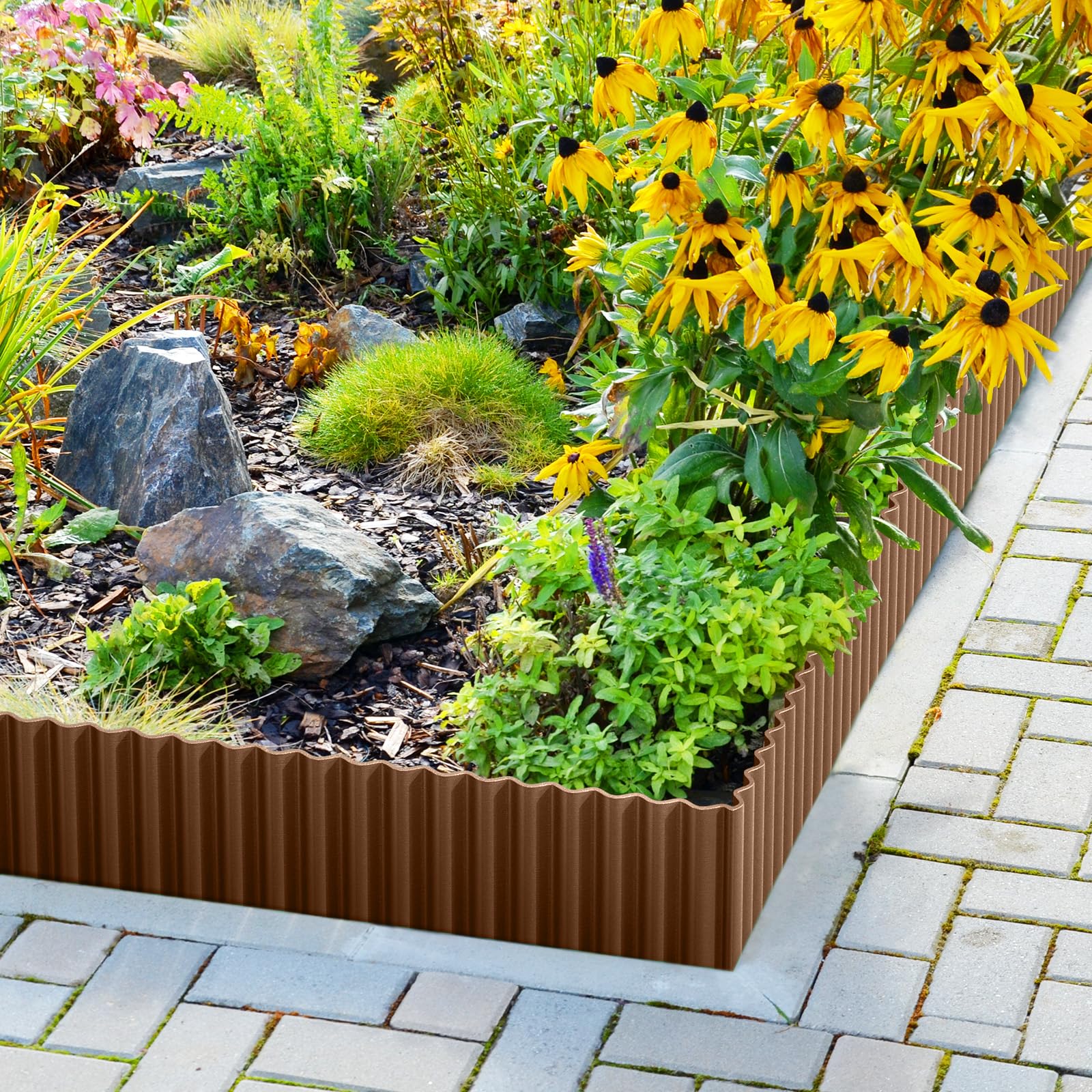 Coffee color edging adds contemporary style to pathways and garden accents.