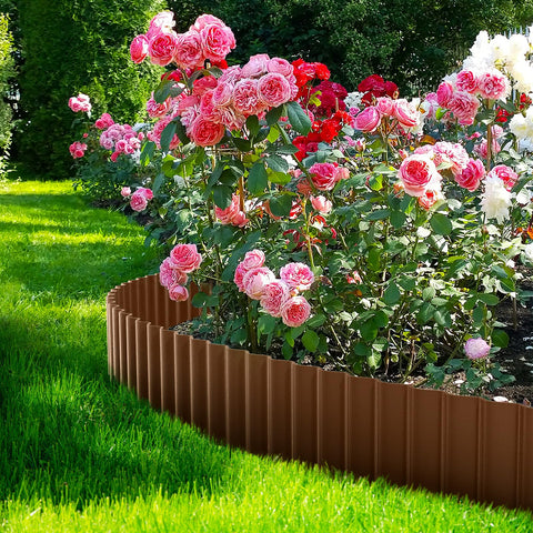 Durable metal edging ready for flower bed and path installations in coffee hues.