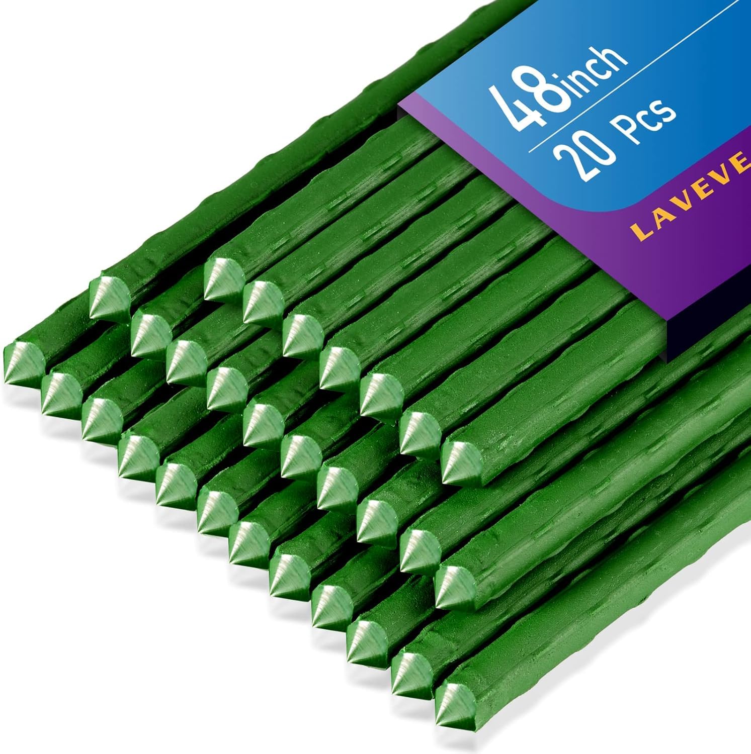 LAVEVE garden stakes 48-inch steel provide sturdy plant support for tomato and cucumber.