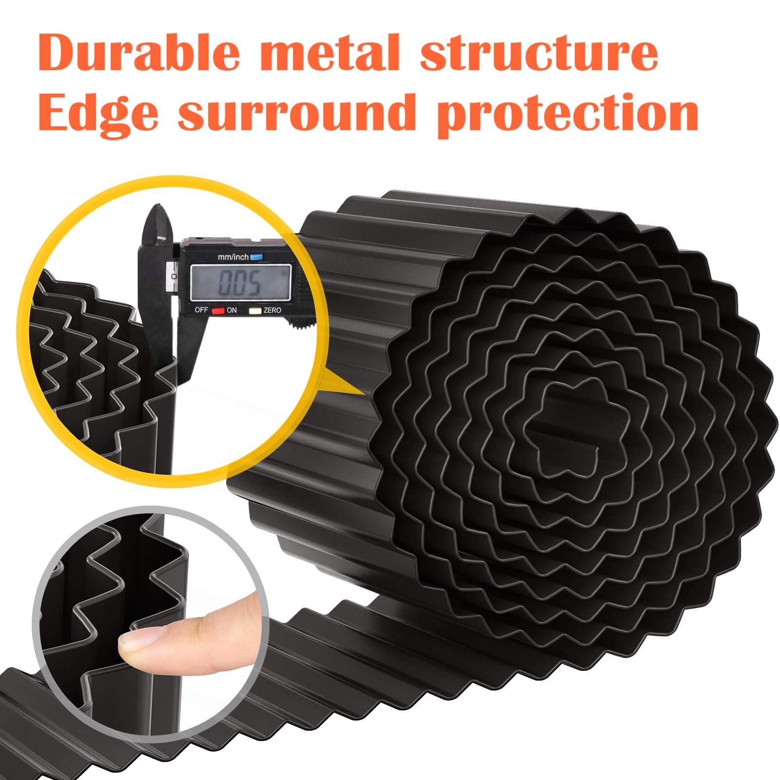 LAVEVE corrugated edging with hemmed edges for safe handling.