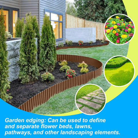 Corrugated profile and hemmed edges shown on a garden edge in coffee.