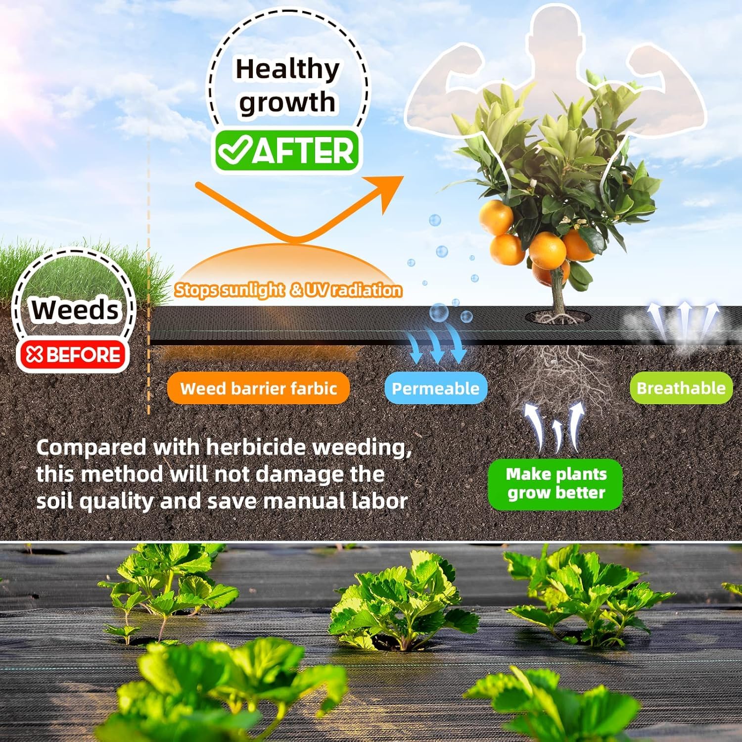 LAVEVE UV-resistant breathable mat maintains soil health by allowing air and water to reach roots.