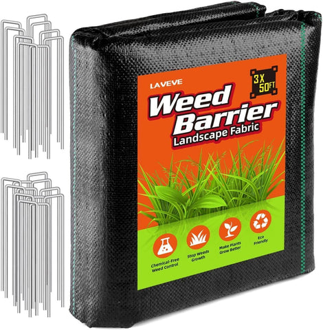 LAVEVE weed barrier fabric 3ft x 50ft suppresses weeds and protects soil.