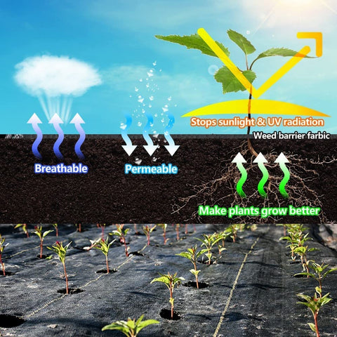 LAVEVE weed barrier with green guide lines helps precise cutting for garden layouts.