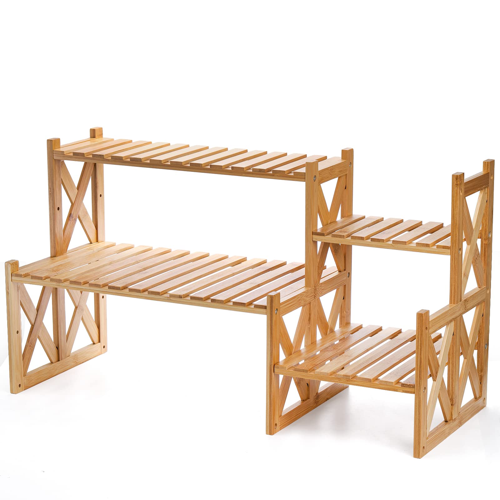 Lawei 2-tier bamboo table stand displaying multiple pots for organized indoor decor.