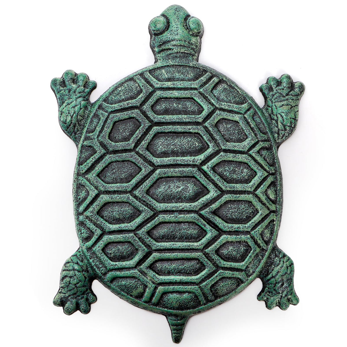 Lawei cast iron turtle stepping stone front view shows durable verdigris finish for outdoor paths