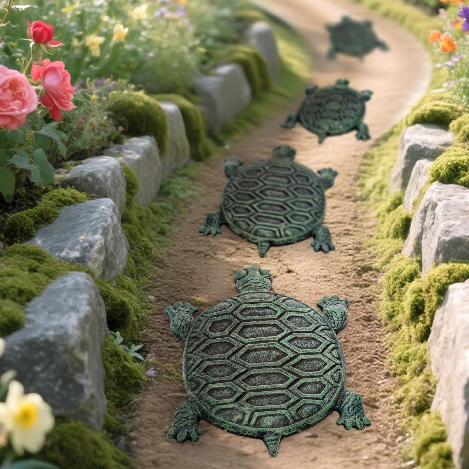 Lawei turtle stepping stone by flower beds adds whimsical decor with practical path guidance