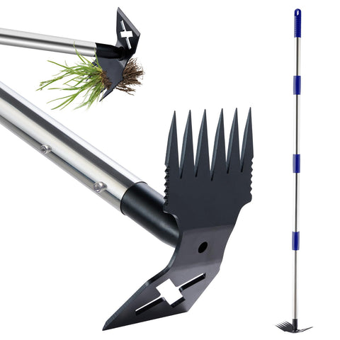 LAWFYMORI weed puller with 60-inch handle eases bending for comfortable weeding.