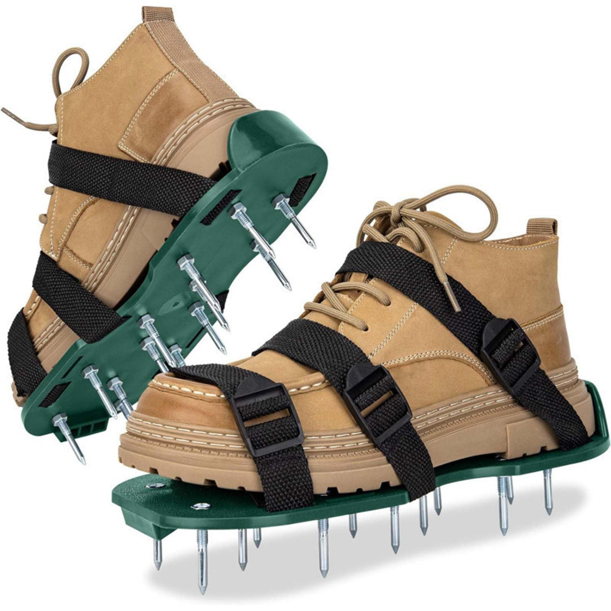 Lawn aerator shoes with adjustable straps for a secure fit during use.