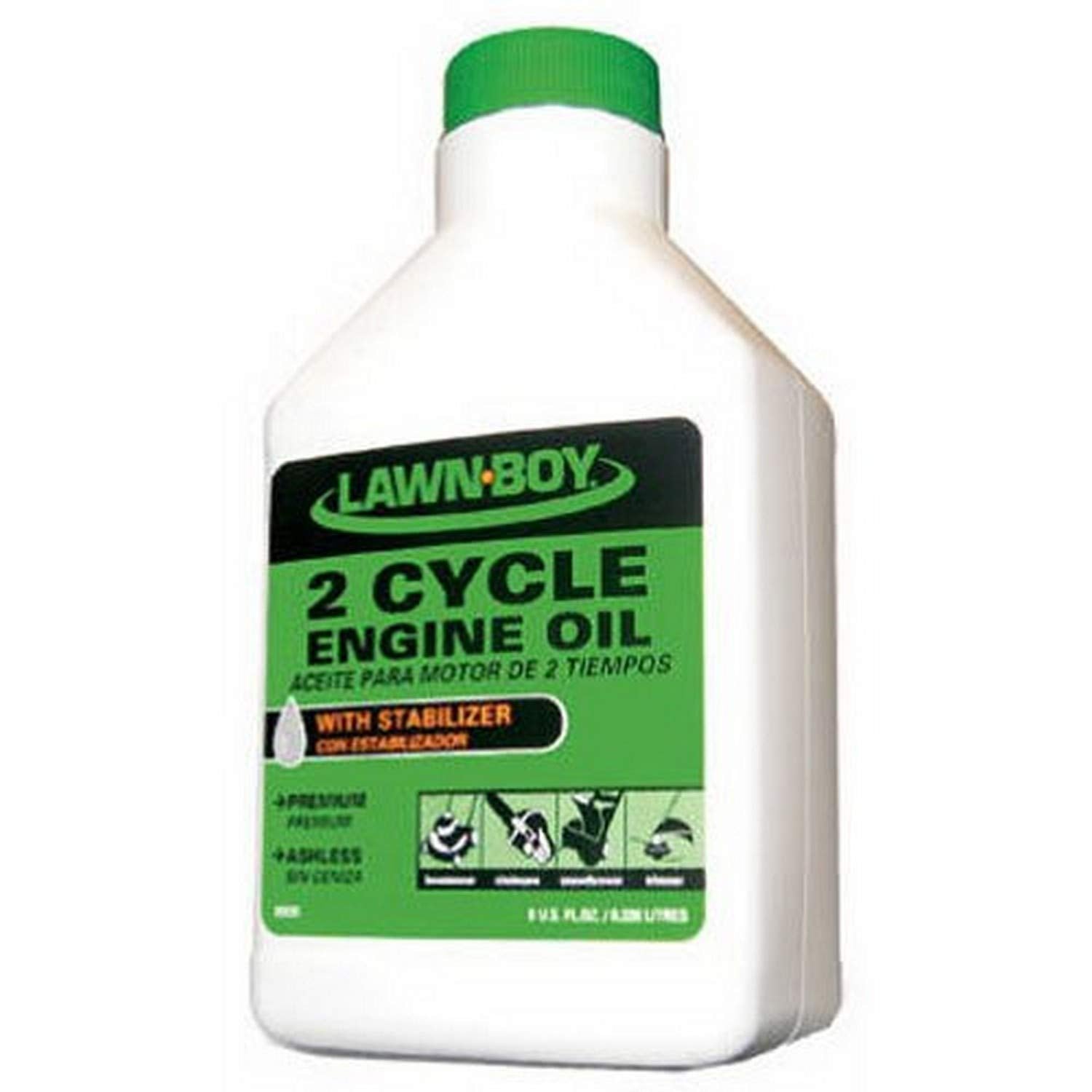 Lawn-Boy 89930 ashless oil bottle pouring; compatible with Lawn-Boy and Toro 2-cycle engines.