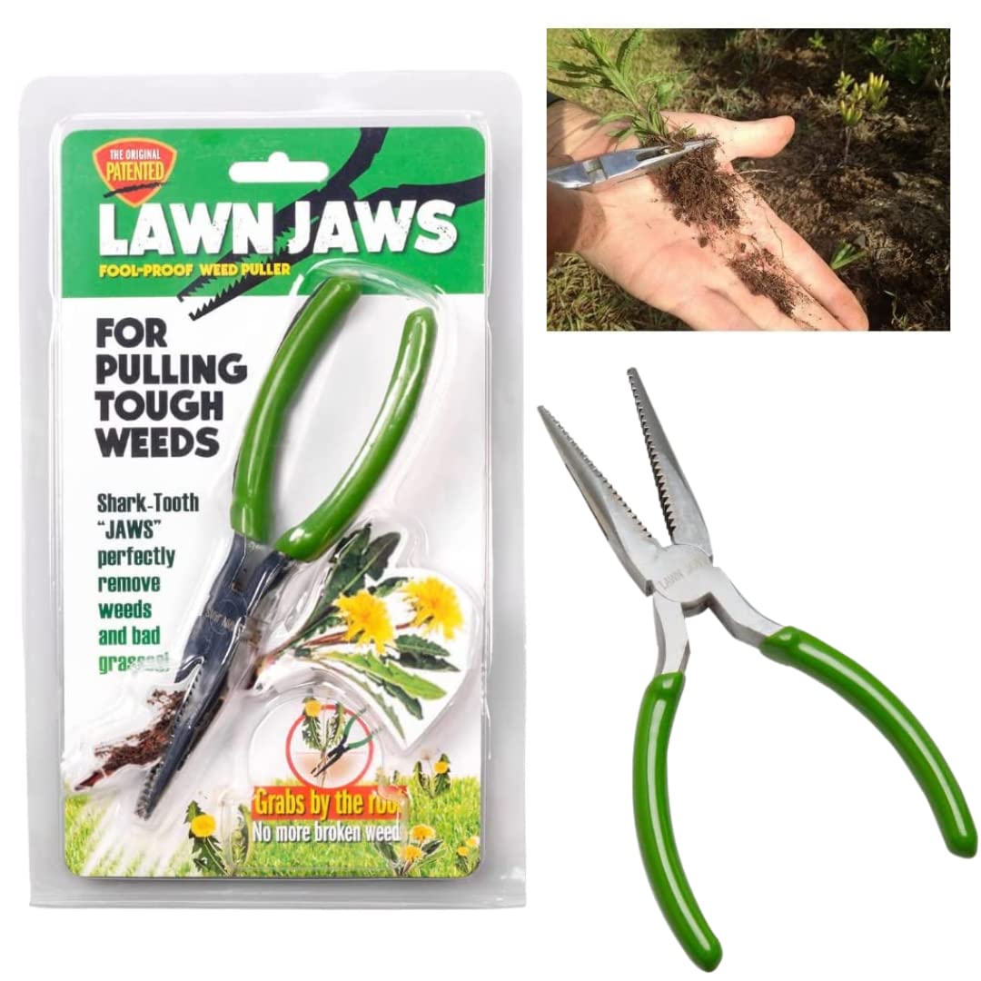 Lawn Jaws sharktooth weed puller removes weeds by the roots.