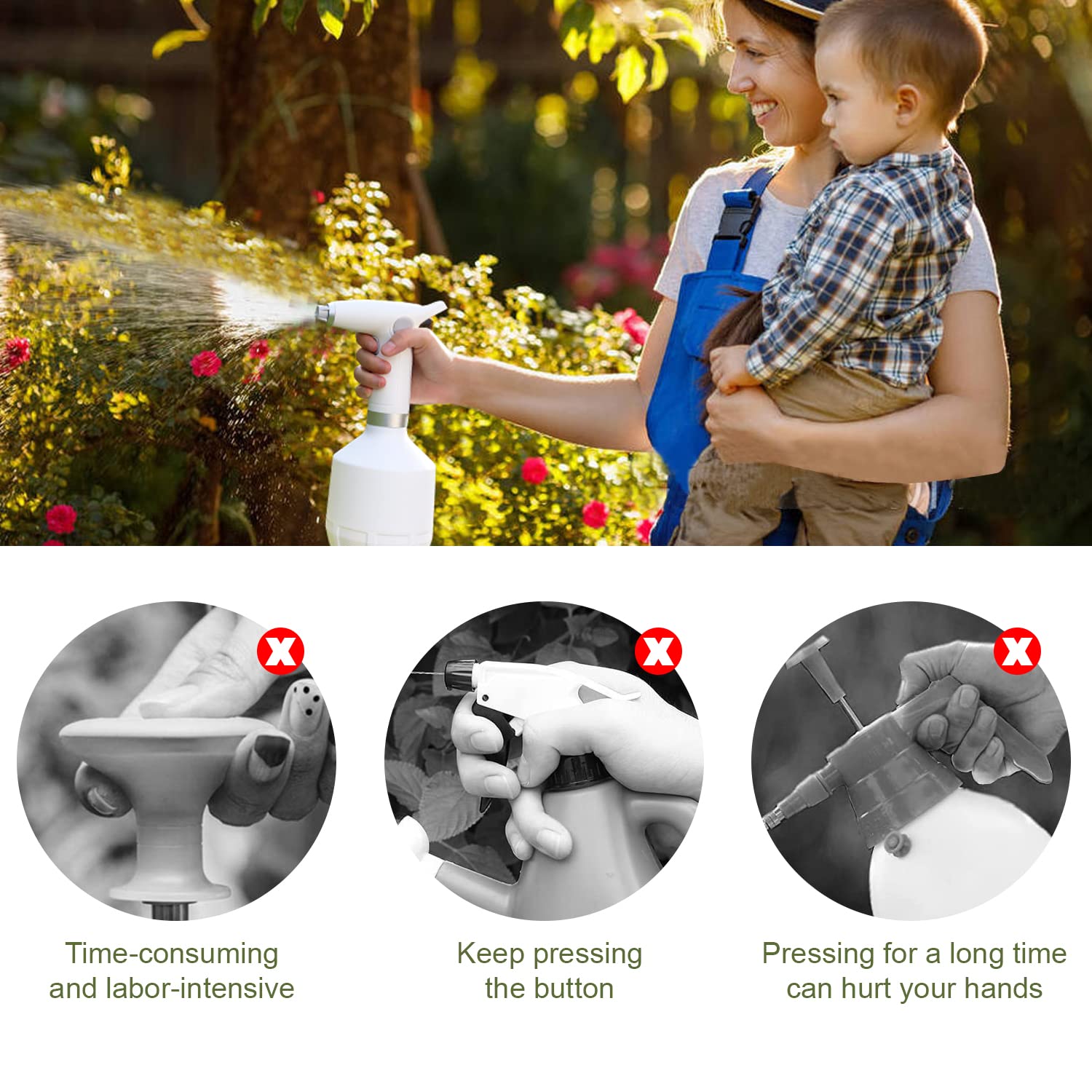 LAWNFUL electric spray bottle with LED indicators shows battery level while you work.