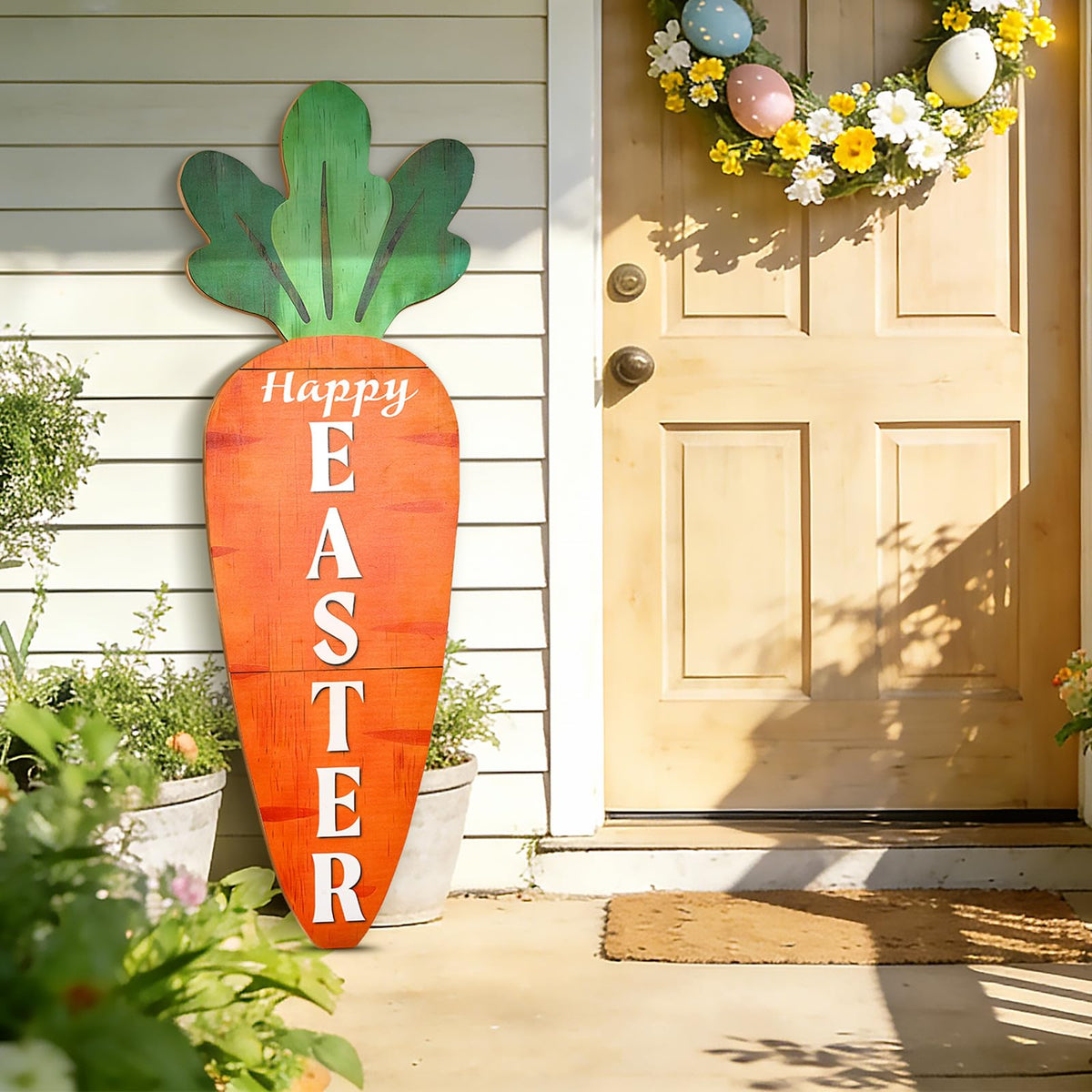 LawnIdyll Easter carrot sign front view, eye-catching porch greeting for spring celebrations.