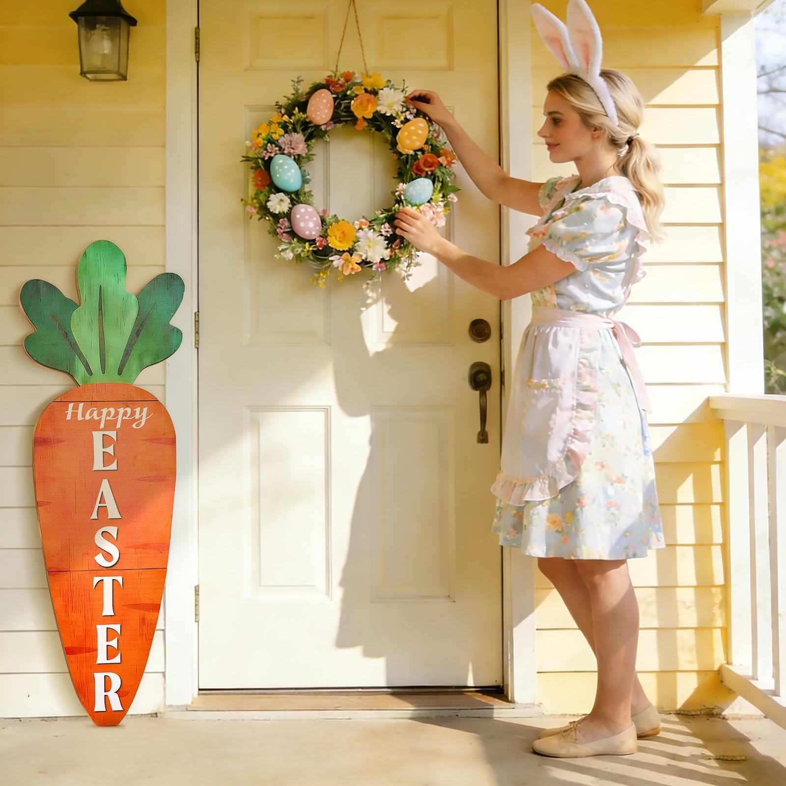 LawnIdyll carrot sign hanging display, flexible decorating for outdoors.