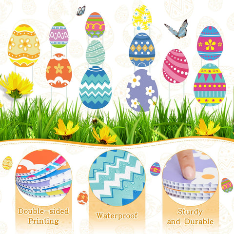 LawnIdyll double-sided Easter egg planter stake shows vivid colors in outdoor settings.