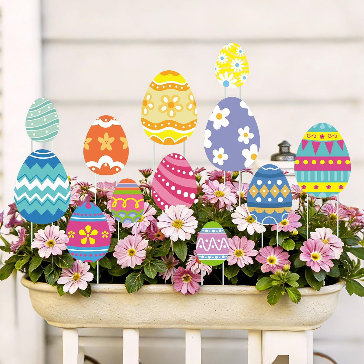 LawnIdyll Easter egg planter stake with vibrant egg pattern for colorful garden accents.