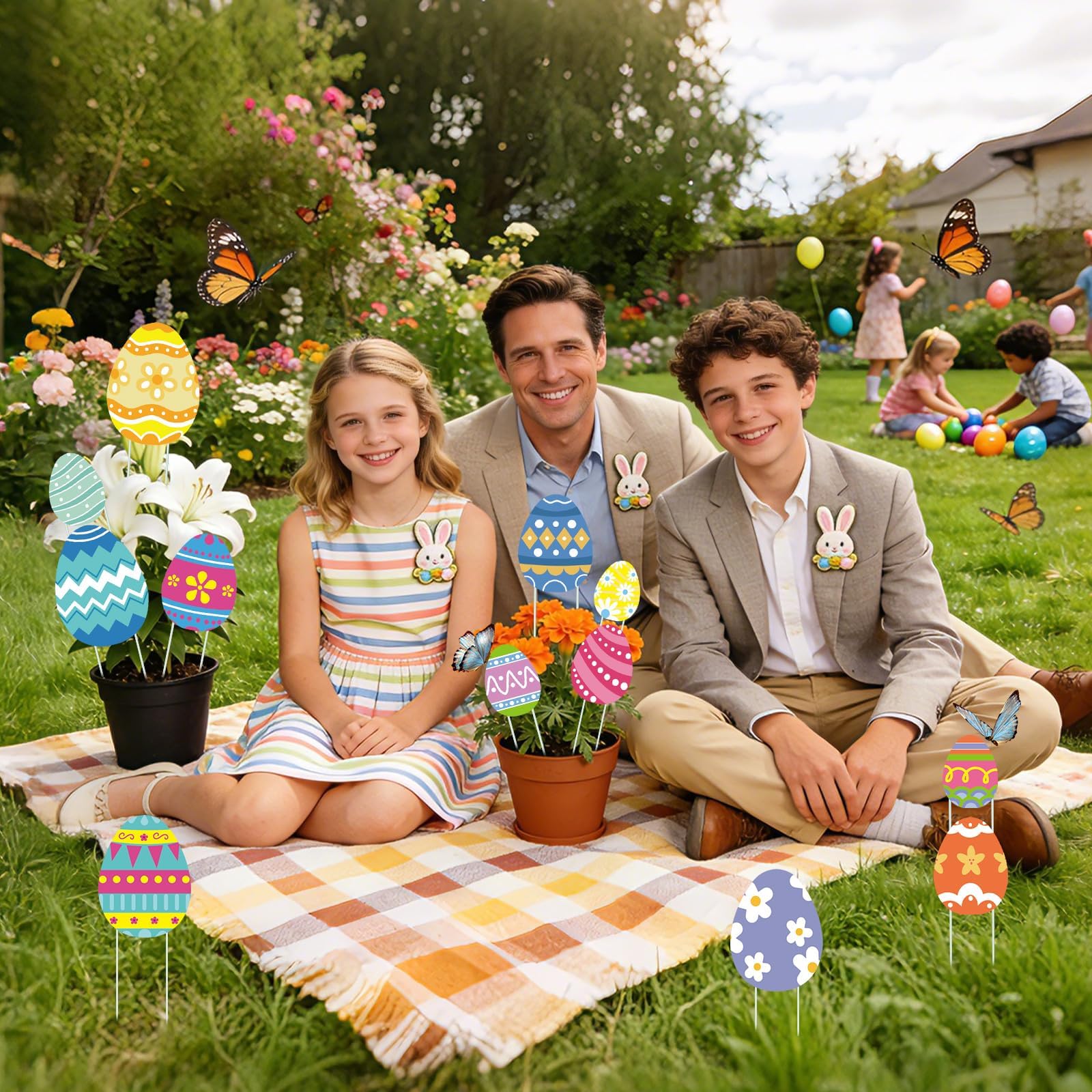 LawnIdyll Easter egg stakes lined along patios brighten garden entrances.