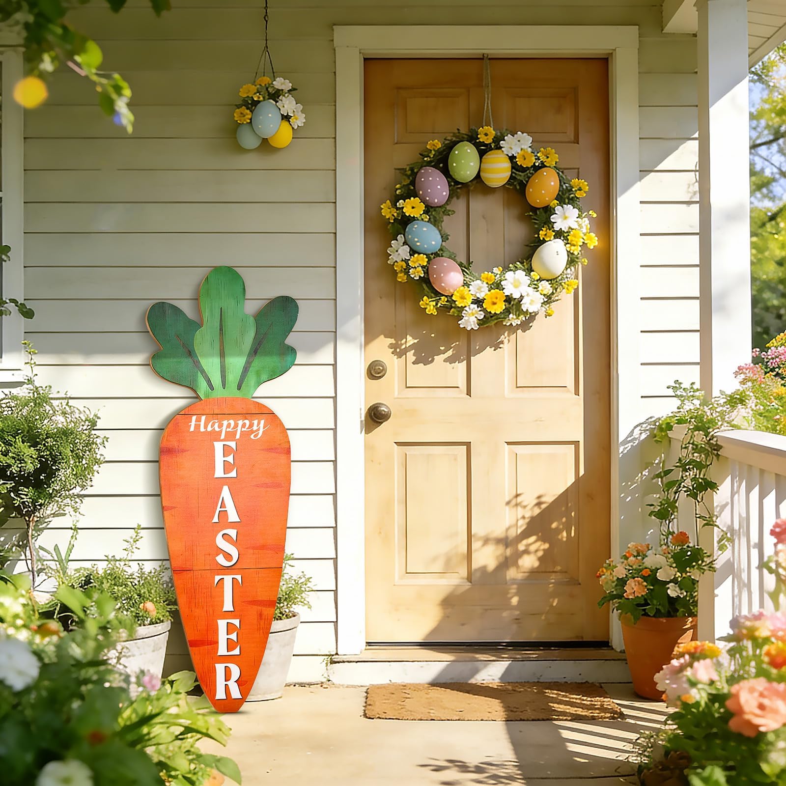 LawnIdyll Easter sign carrot leaves detail, vivid greenery for festive vibes.