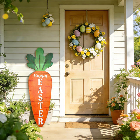LawnIdyll Easter sign carrot leaves detail, vivid greenery for festive vibes.