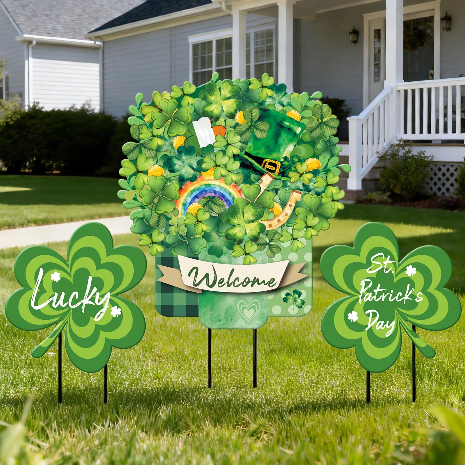LawnIdyll central shamrock vase yard sign shows a festive outdoor centerpiece.