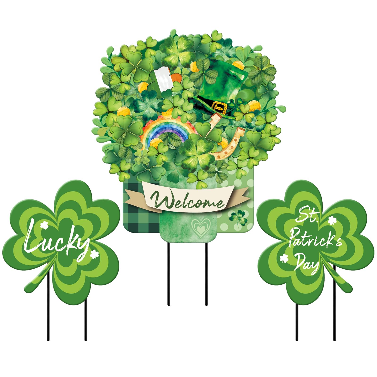 LawnIdyll paired clover signs create coordinated St. Patrick's Day curb appeal.