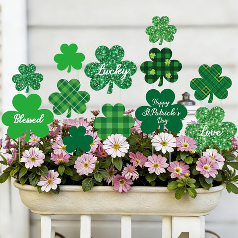 LawnIdyll planter stake shamrock display in a garden for festive decor
