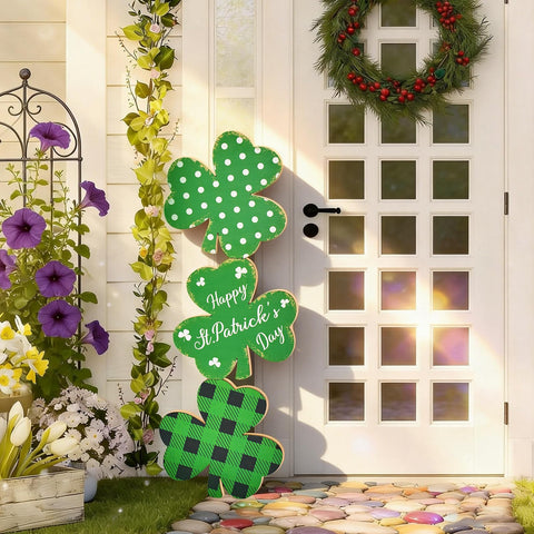 LawnIdyll St Patrick's Day wooden porch sign with shamrocks enhances outdoor welcome areas.