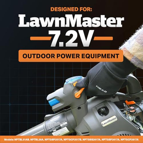 LawnMaster 07LB2001-S battery in hand, easy replacement for LawnMaster tools.