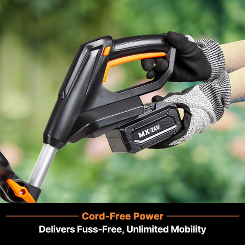 LawnMaster 24V Max 9” Tiller with detachable blades for easy weed cleanup.