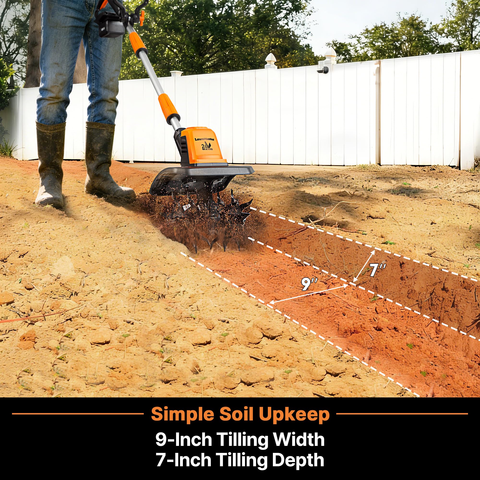 LawnMaster 24V Max 9” Tiller eco-friendly operation with no gas emissions.
