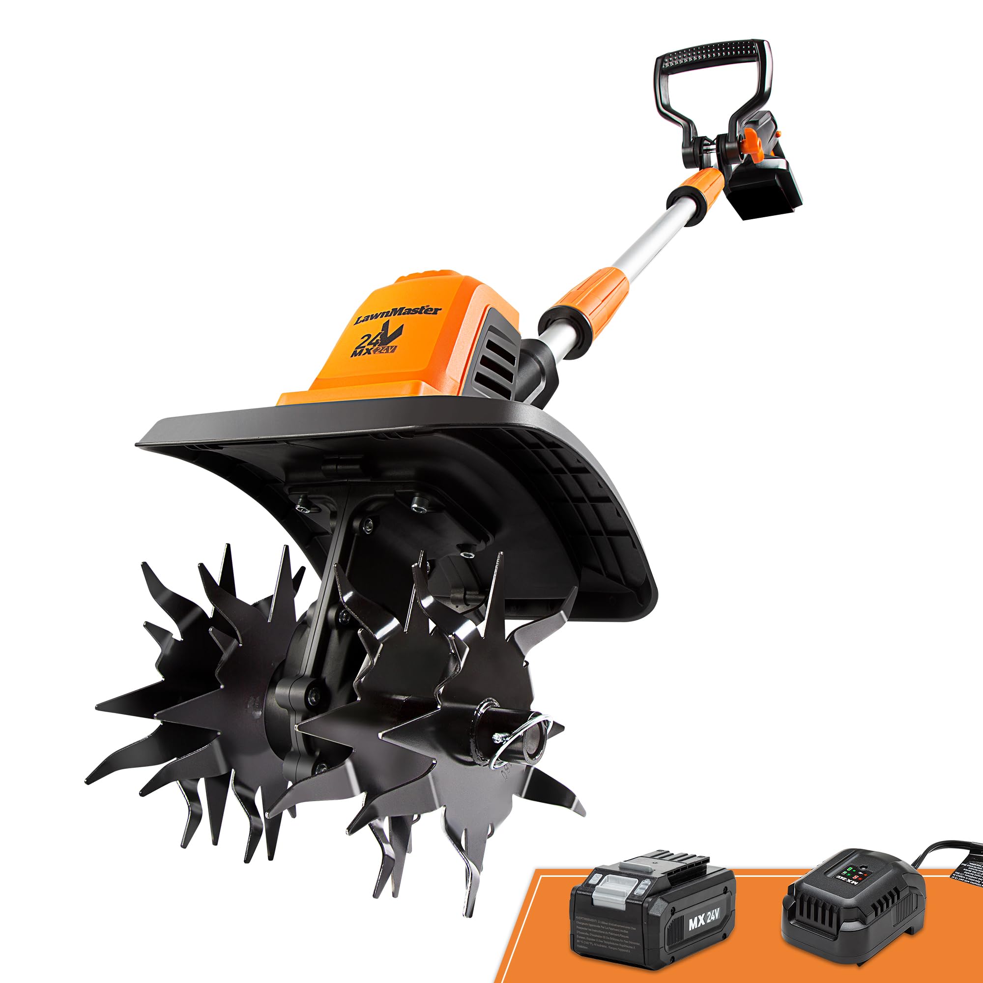 LawnMaster 24V Max 9” Tiller front view, showcasing compact, efficient yard preparation.