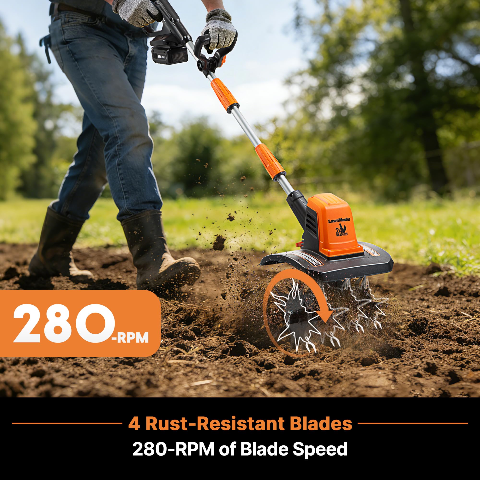 LawnMaster 24V Max 9” Tiller lightweight design enables effortless yard navigation.